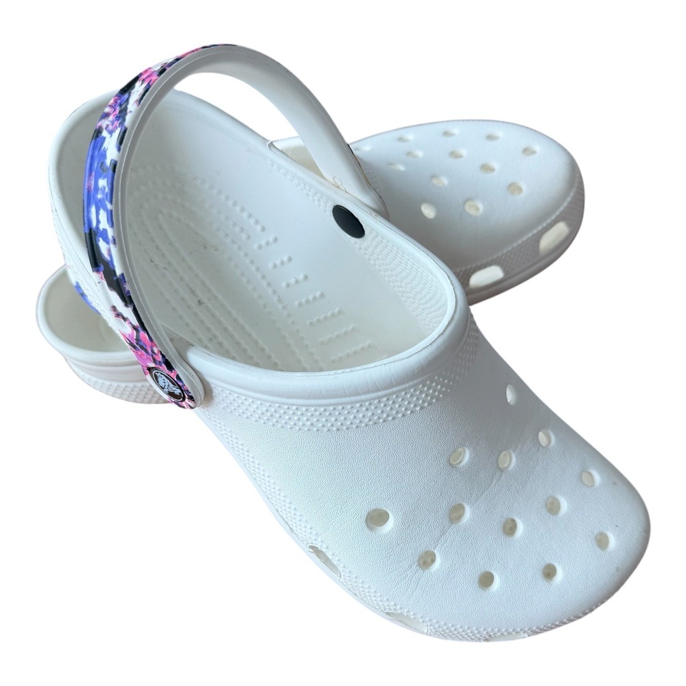 Crocs Classic Clogs White Floral Marble Strap Mens 8 Womens 10 Slip On Shoes